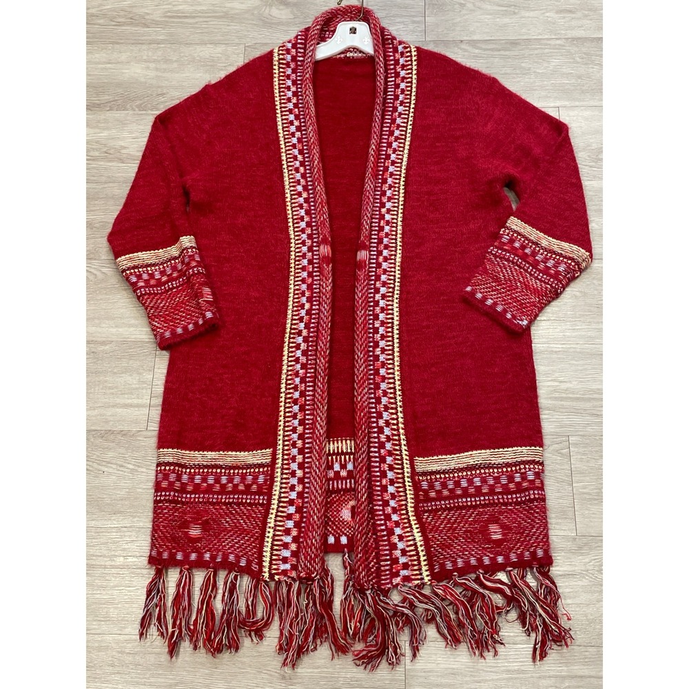 Boho Western Cowgirl Duster Fringe Red Cardigan XL Eclectic Holiday Chunky Cozy